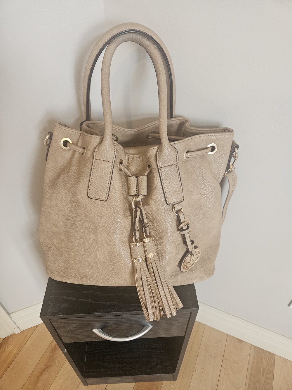 MICHAEL Michael Kors Taupe Drawstring Tassel Shoulder Bag